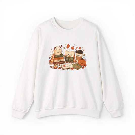 Kawaii Fall Book Lover Sweatshirt - Cozy Coffee & Pumpkin Autumn Crewneck