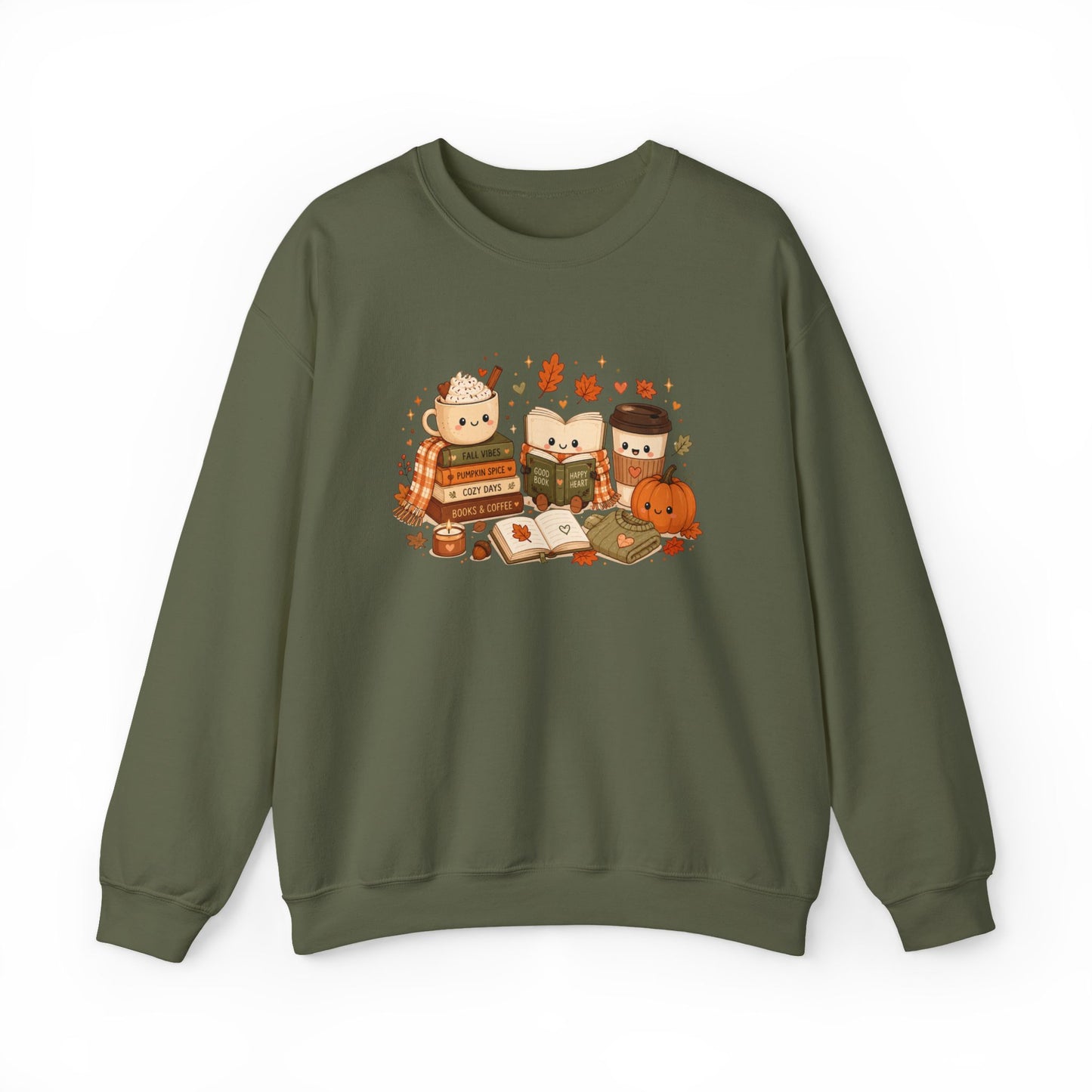 Kawaii Fall Book Lover Sweatshirt - Cozy Coffee & Pumpkin Autumn Crewneck