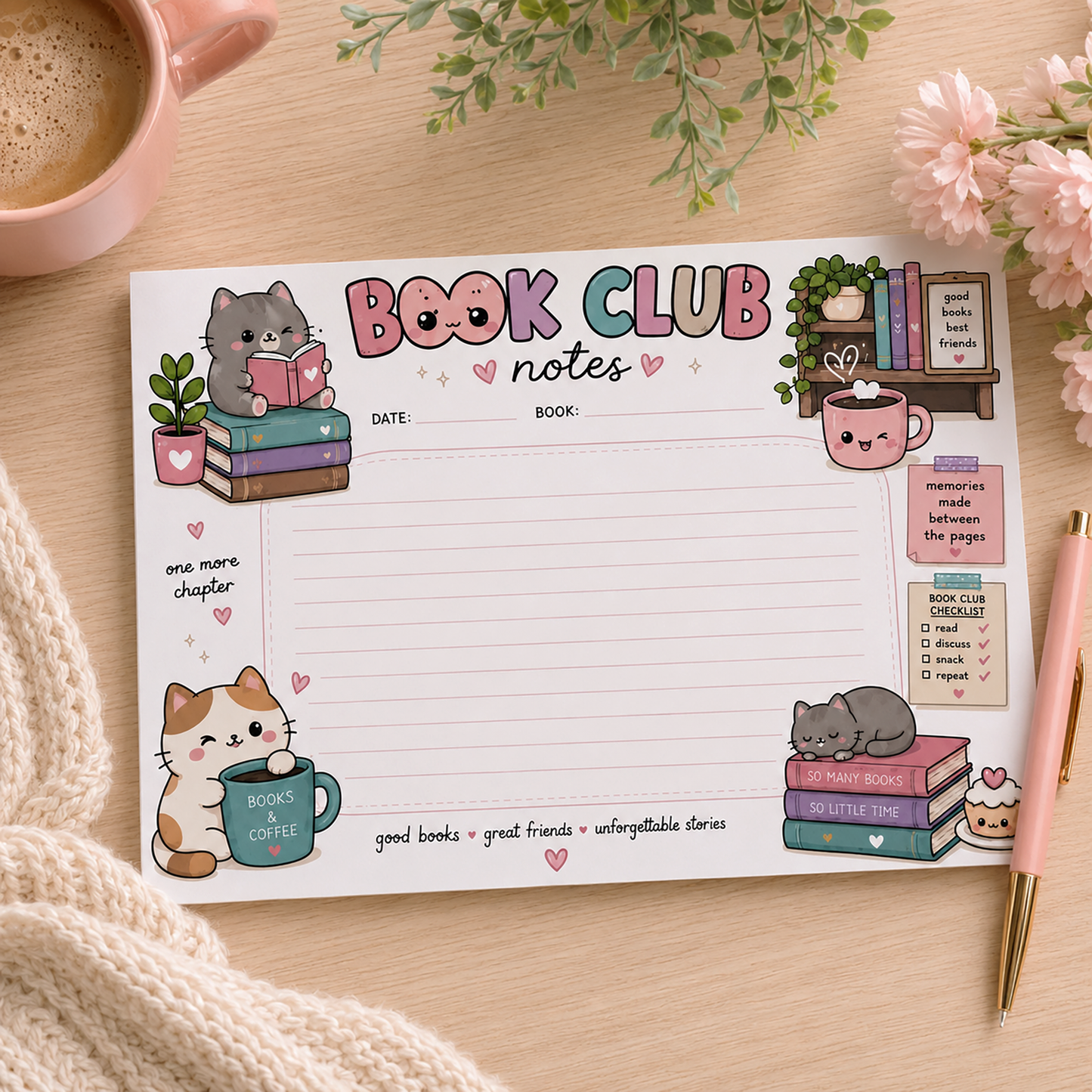 Kawaii Book Club Notes Notepad