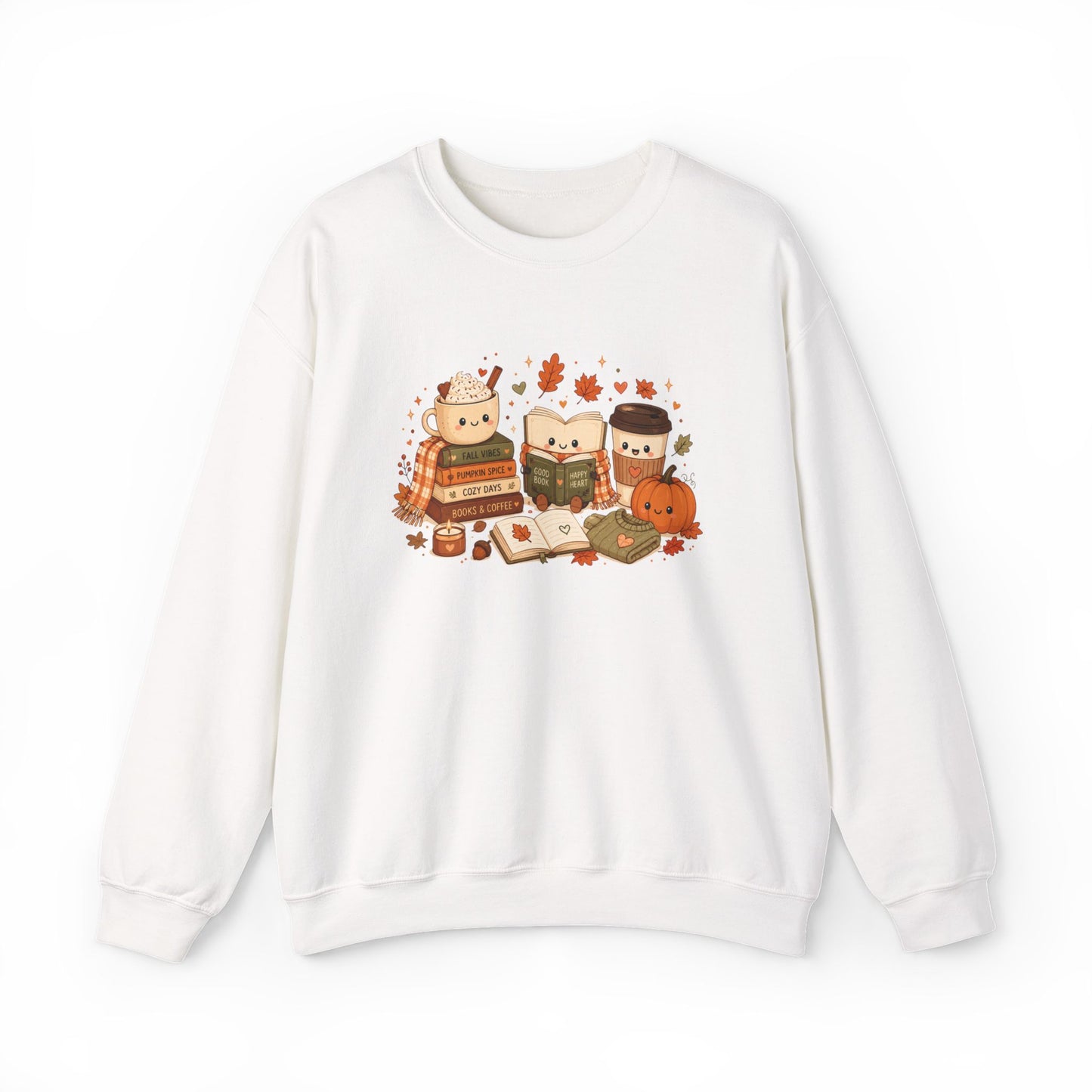 Kawaii Fall Book Lover Sweatshirt - Cozy Coffee & Pumpkin Autumn Crewneck