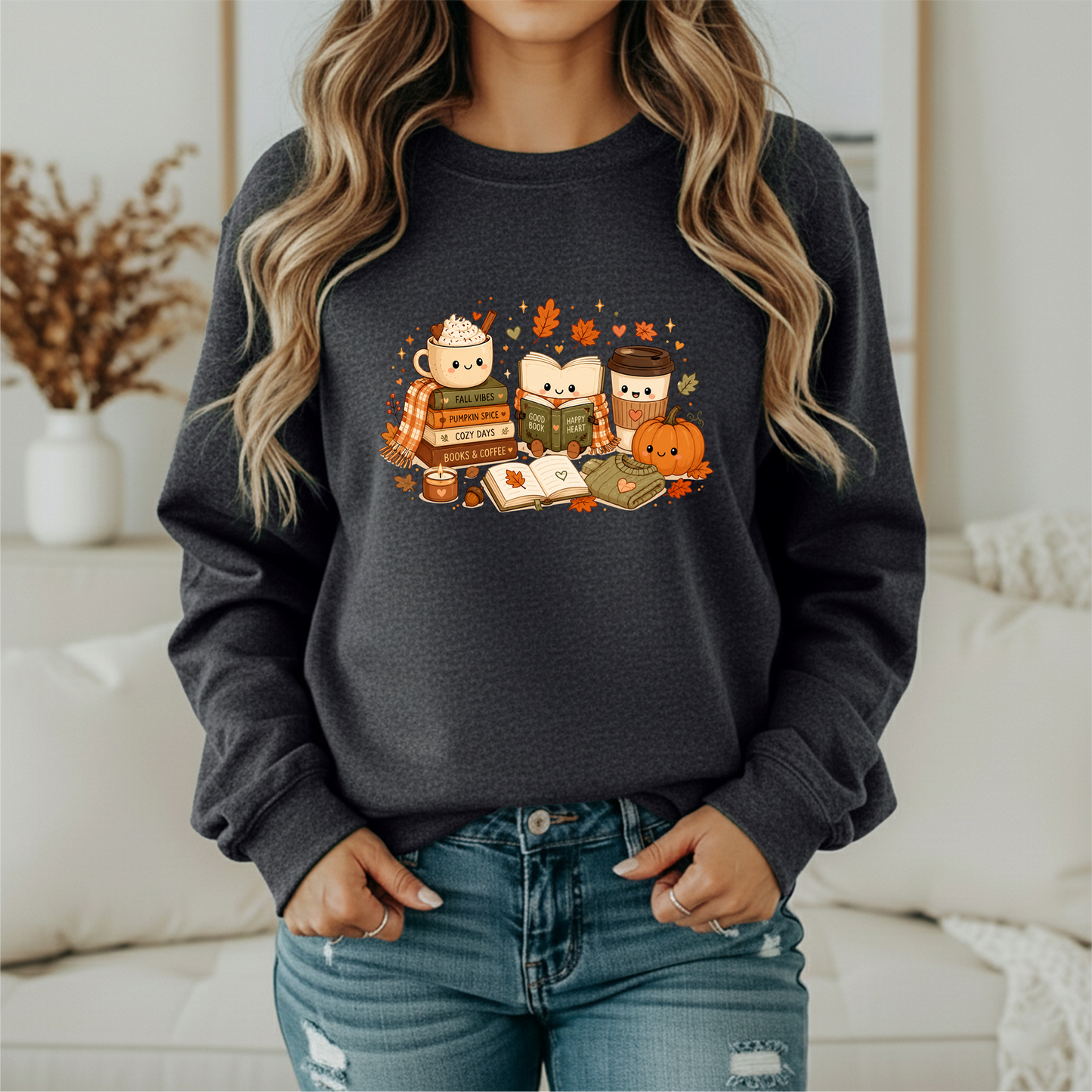 Kawaii Fall Book Lover Sweatshirt - Cozy Coffee & Pumpkin Autumn Crewneck