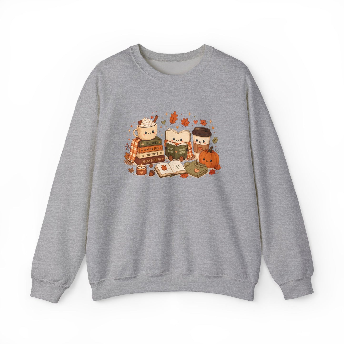 Kawaii Fall Book Lover Sweatshirt - Cozy Coffee & Pumpkin Autumn Crewneck