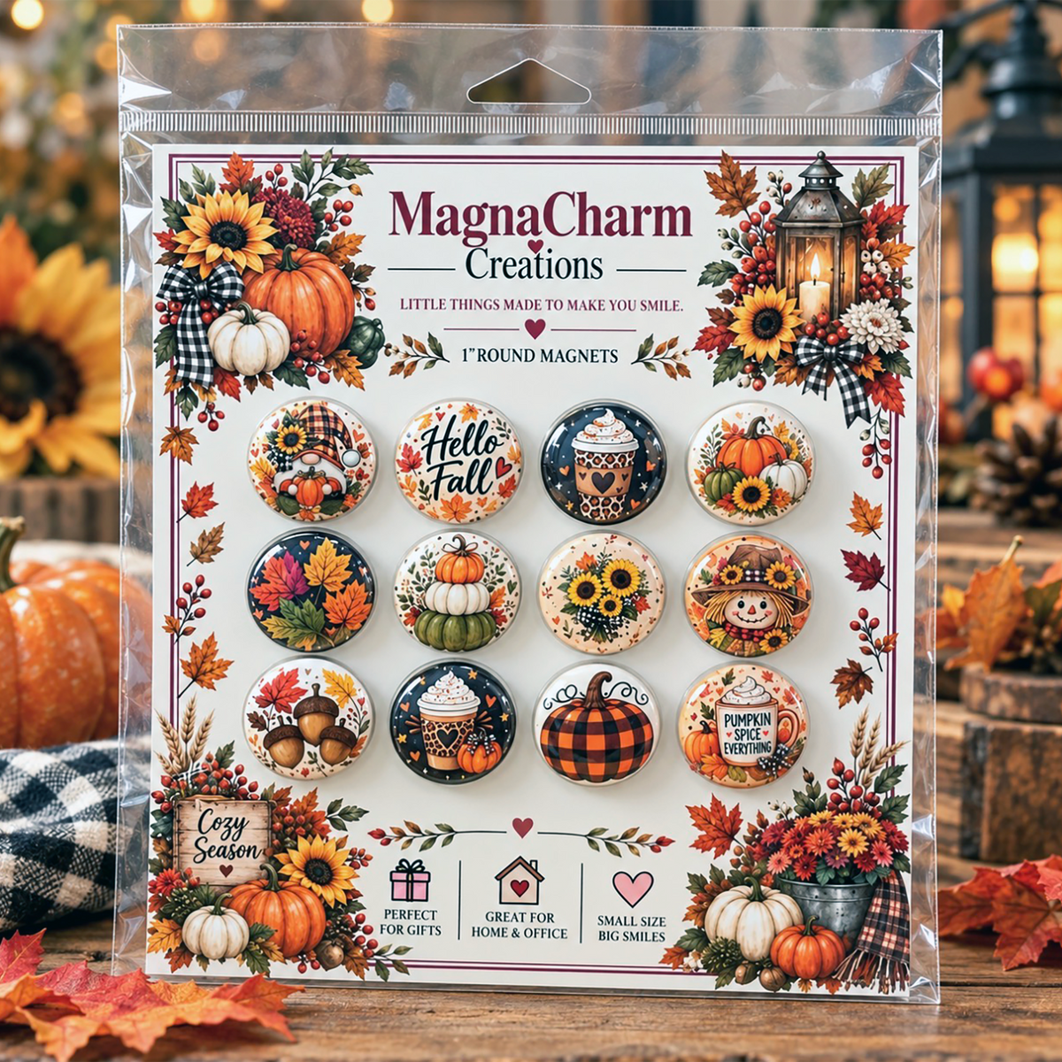 Fall Magnets - 12 Piece 1" Round Autumn Magnet Set